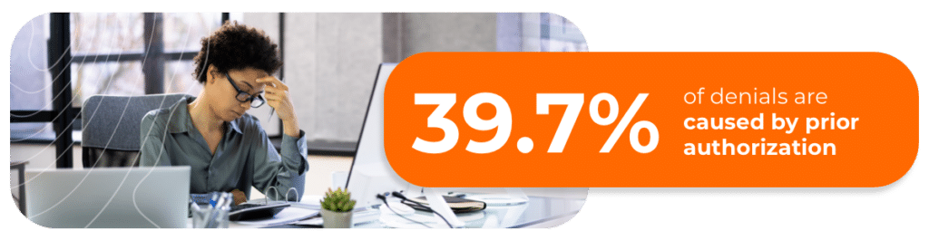 39.7% of denials are caused by prior authorization with person looking frustrated